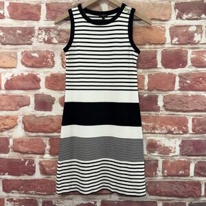 Talbots Dress Women's Small Petite Black White Striped Button Accent Shoulder